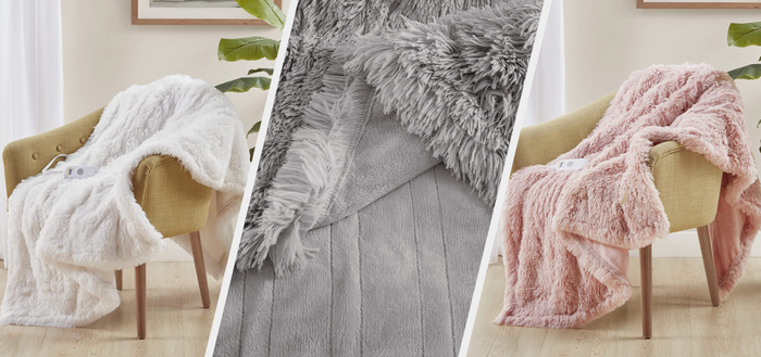 Three images showing white, gray, and pink blankets