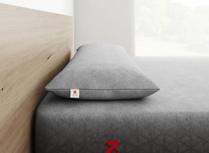 Image of the gray pillow placed on a bed