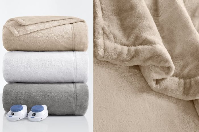 Two images featuring beige, white, and gray blankets