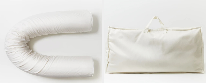 Image of a white pregnancy body pillow alongside a white carrying tote
