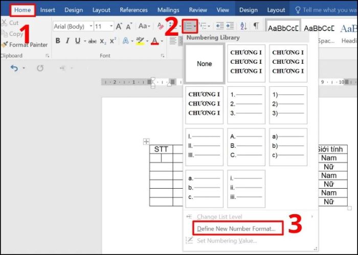 Cách đánh số thứ tự trong bảng Word khi dữ liệu nằm cùng một cột