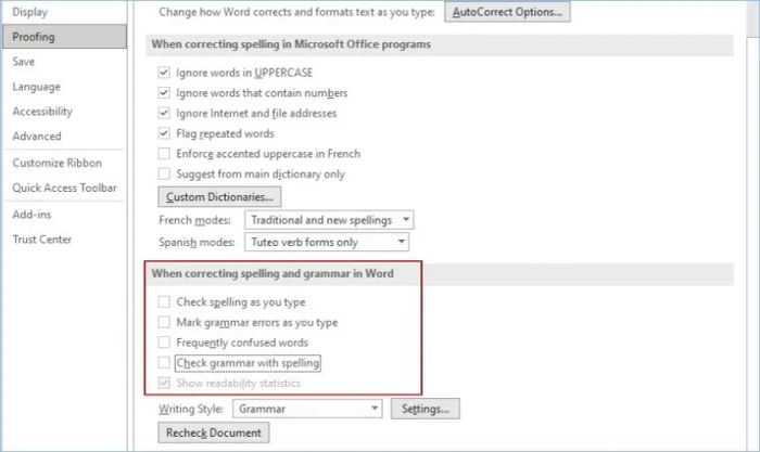 Bỏ tích các mục kiểm tra chính tả trong Word.