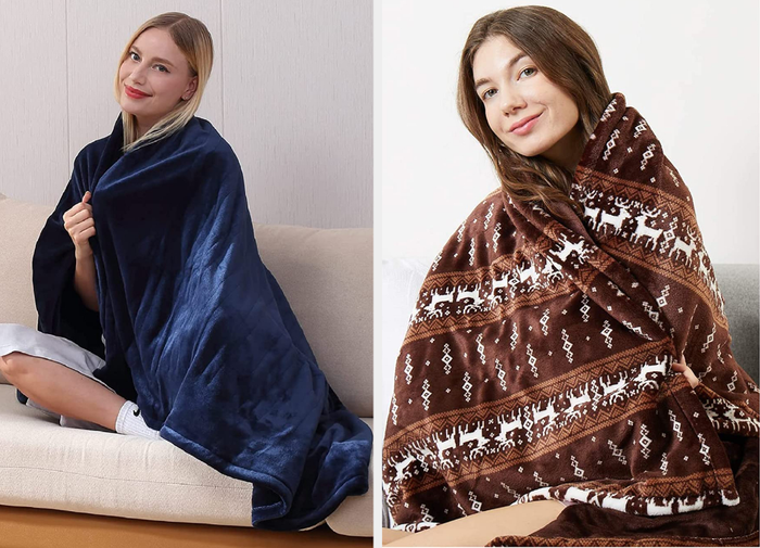 Two images of models wearing blue and brown blankets