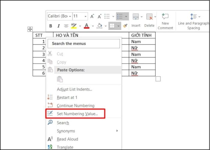 Cách đánh số thứ tự từ một số bất kỳ trong bảng Word.