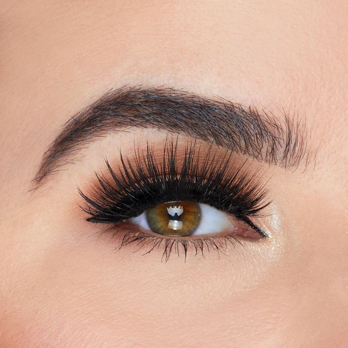 A model's eye adorned with long, full lashes delicately placed along the eyeline