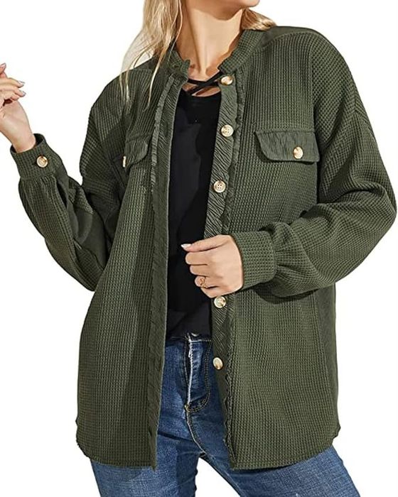 A model rocking the waffle shirt in army green