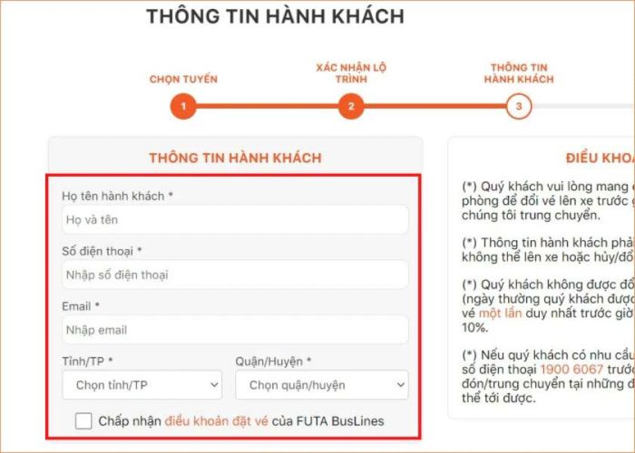 Nhập điểm đến, điểm đón và thông tin cá nhân của bạn.