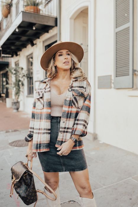 A reviewer wearing a plaid jacket, knit top, denim skirt, hat, and knee-high boots, carrying a brown backpack.