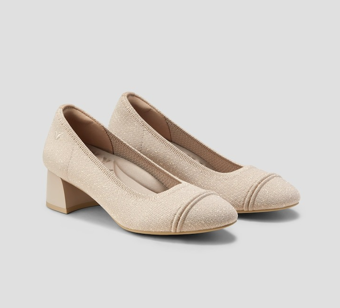 The shoes in a warm tan color.