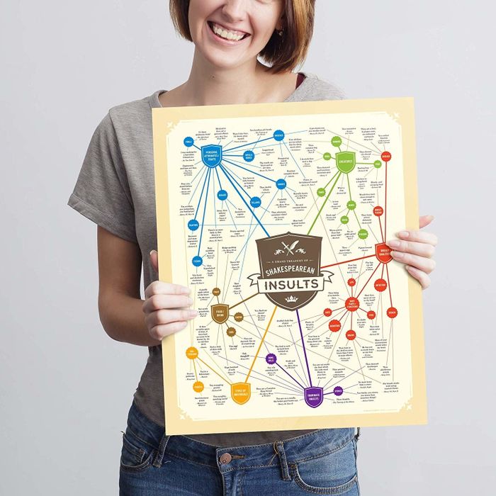 A person holding the Shakespearian Insult chart poster.