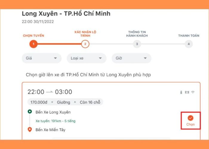 Chọn loại xe, giá vé và thời gian khởi hành