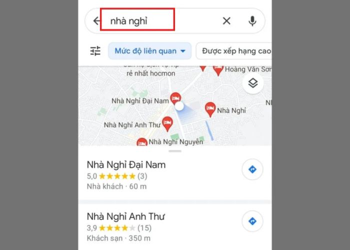 Nhập từ khóa nhà nghỉ vào ô tìm kiếm