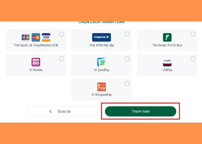 Chọn phương thức thanh toán khi mua vé xe Phương Trang trực tuyến.