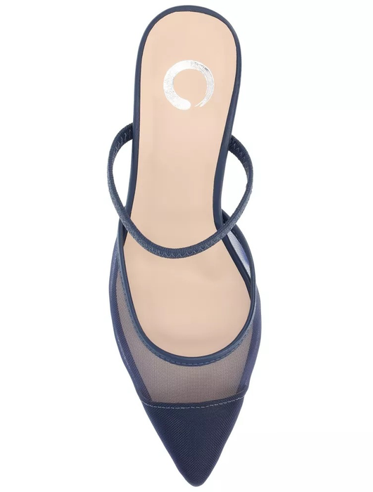 The pointed-toe kitten heel mule in navy.