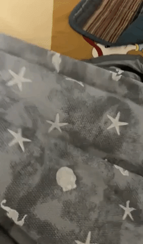A reviewer showcases the action of shaking a gray cooling blanket that features stars, seashells, seahorses, and coral designs.
