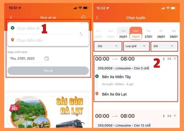 Chọn loại xe và giá vé bạn muốn.