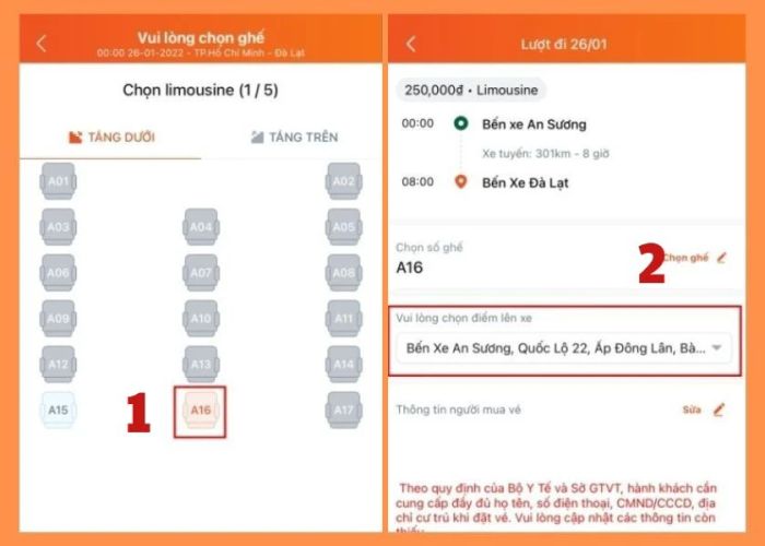 Chọn ghế ngồi và địa điểm đón bạn mong muốn.