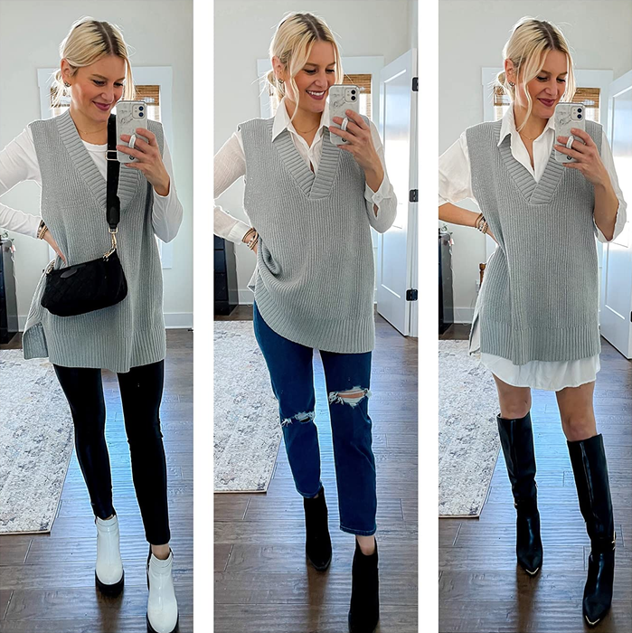 Person styling the gray vest in three distinct ways.
