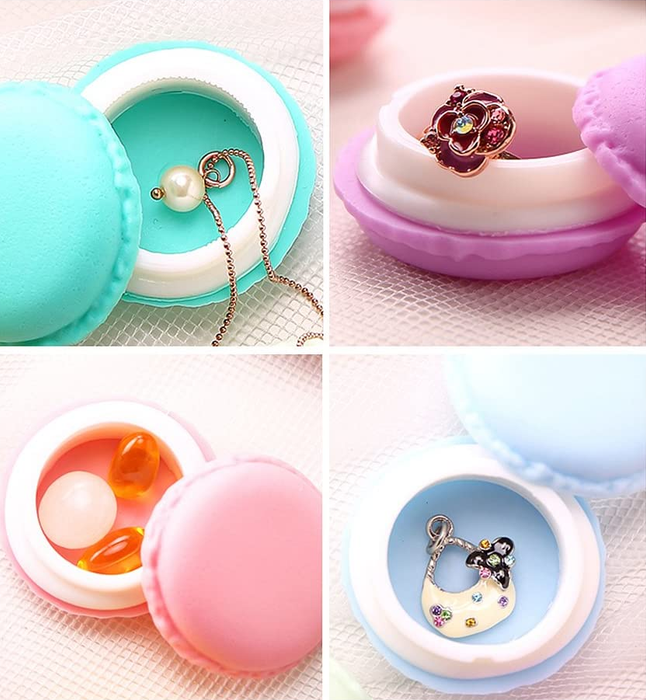 Macaron boxes in various colors, perfect for storing items like jewelry and pills.
