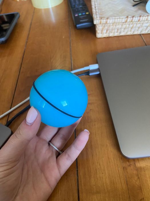 A reviewer holding the blue magic ball