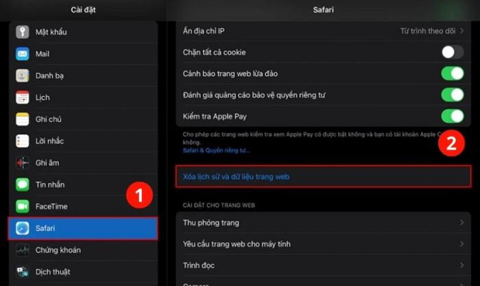 Xóa lịch sử và dữ liệu trang web