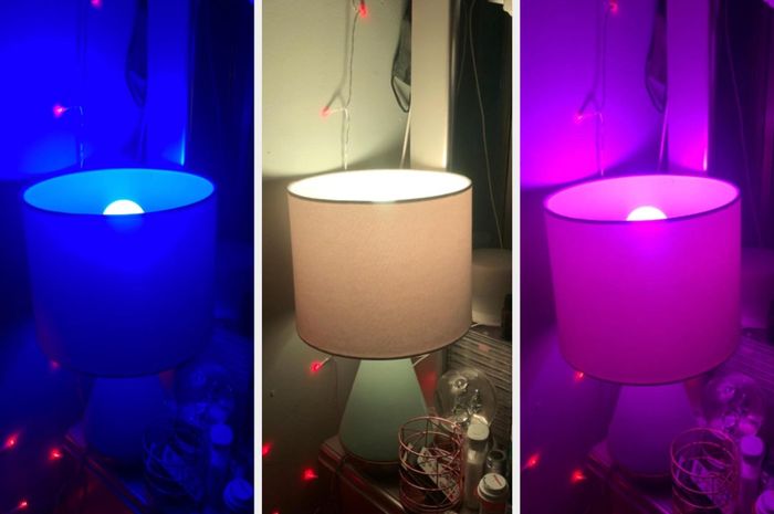 The light bulbs set to blue, pink, and white.