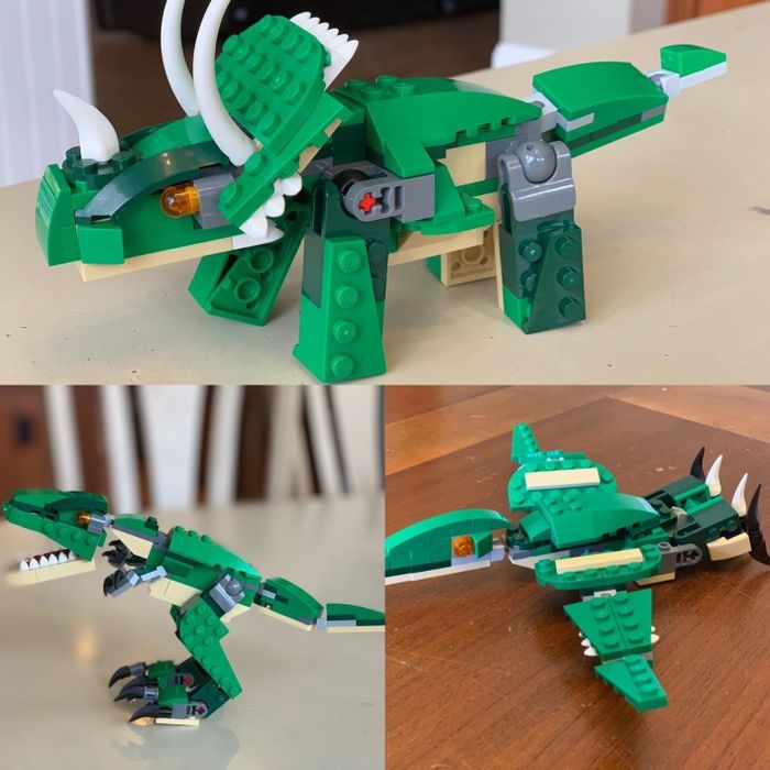 A photo from the reviewer showcasing the three different dinosaurs built from the Lego set