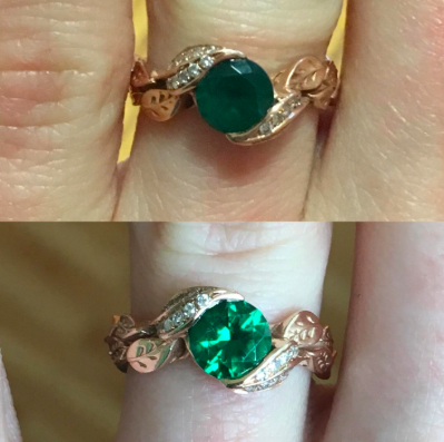 A reviewer's before and after pictures of a cloudy gem on a ring, followed by a gleaming, polished version of the same ring.