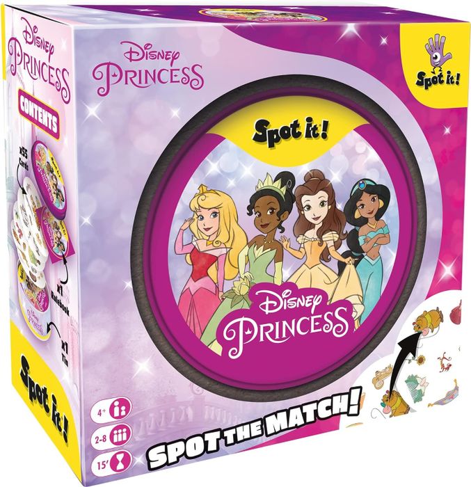 The Disney Princess Spot It! game box features princesses Aurora, Tiana, Belle, and Jasmine on the cover. The text highlights key details and features of the game.