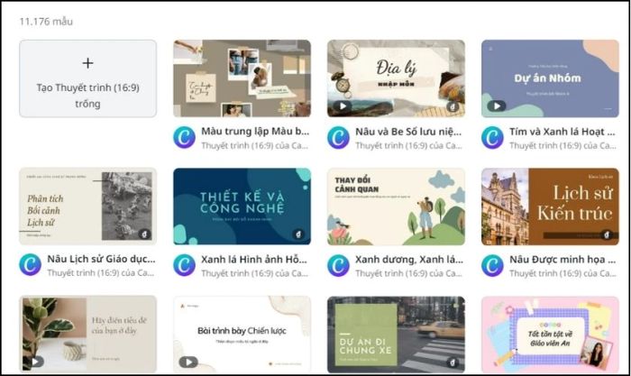 Các mẫu thiết kế có sẵn trong Canva.