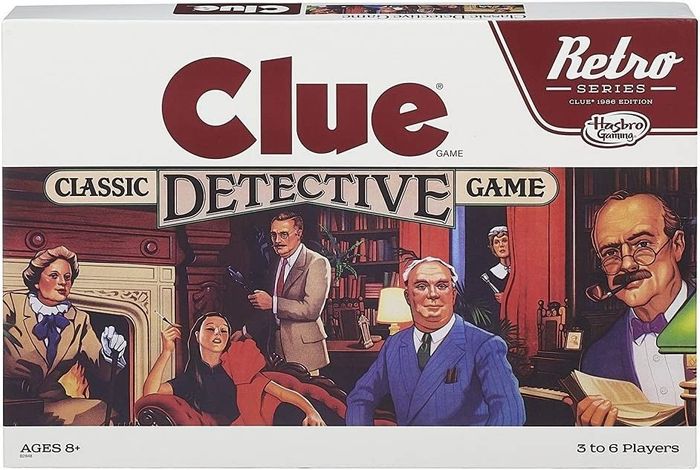 The game packaging for Clue, showcasing the characters amidst the eerie atmosphere of an old, spooky house.