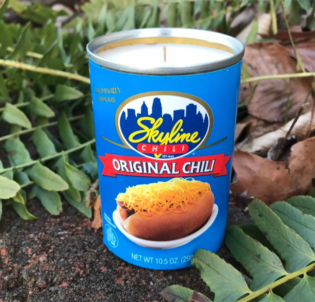 a soy candle made from a repurposed Skyline Chili can