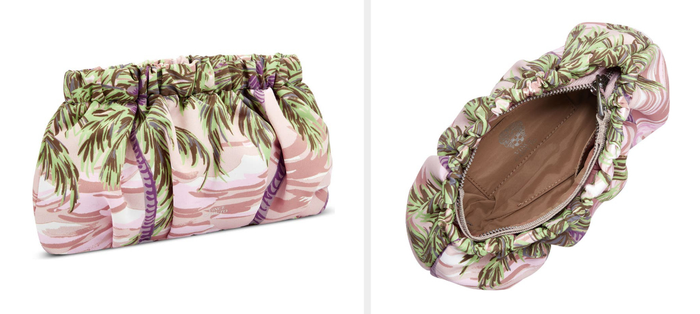A collage showing the front and the zip-open view of the interior of the purse.
