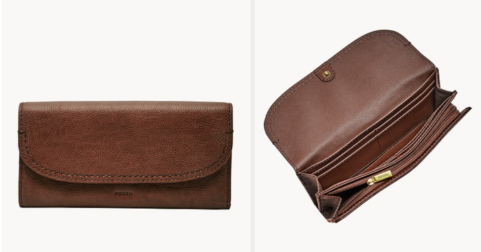 Collage featuring the front and interior views of a stylish brown clutch wallet