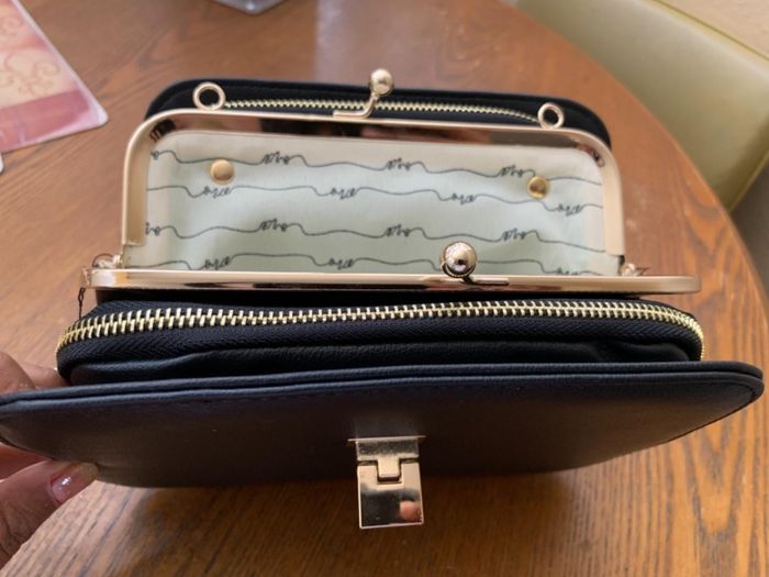 Reviewer demonstrating the interior of the purse