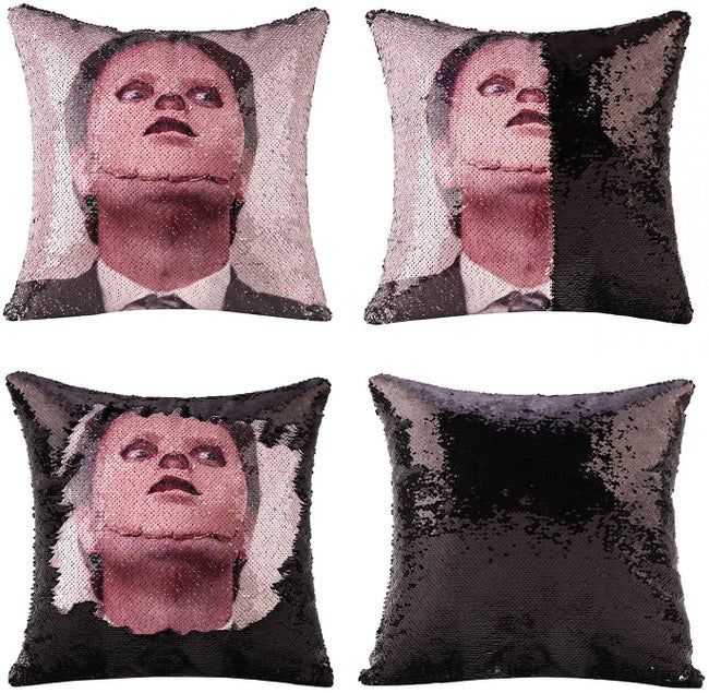 Four different images of the pillow, each showing the effect of the sequins when flipped over.