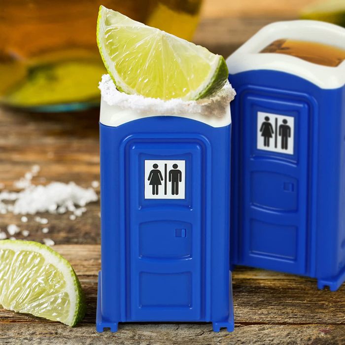 shot glasses designed to resemble blue porta potties