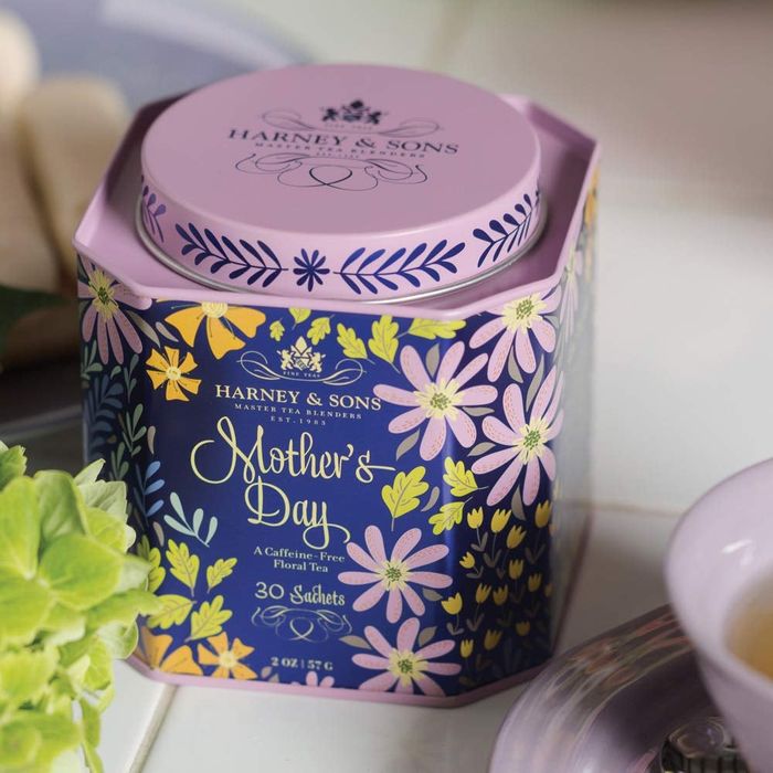 Purple floral-themed tin of Mother's Day tea