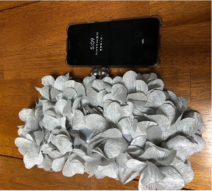 A reviewer shares a photo of a gray clutch purse alongside an iPhone for size comparison.