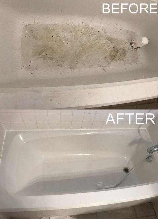 A comparison of a dirty bathtub before and after it's been cleaned, looking pristine and white again