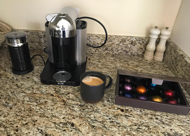 photo of the Nespresso machine in a reviewer’s kitchen