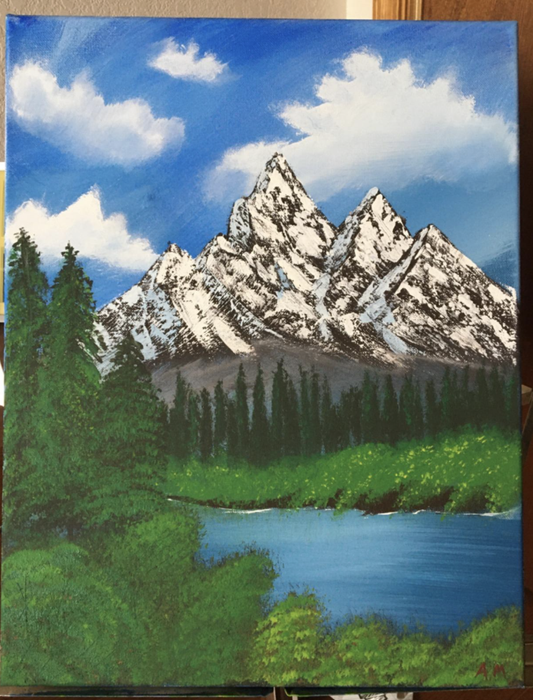 A landscape painting created by a reviewer using the acrylic paint set