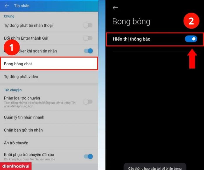 cách bật bong bóng chat