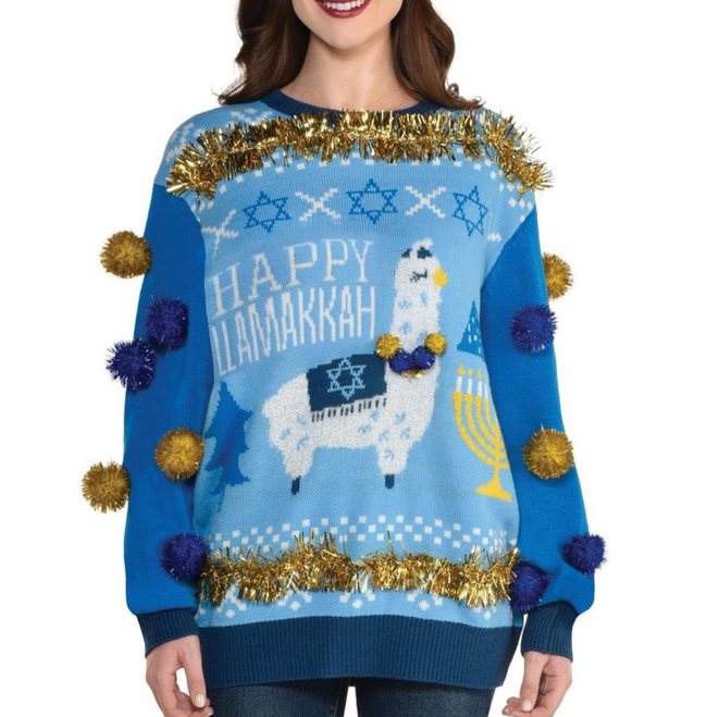 A model wearing an ugly Hanukkah sweater