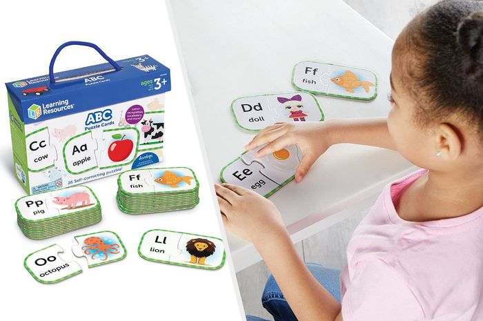 An image split between the packaging of the ABC puzzle cards and a child happily playing with them, fully engaged in learning.
