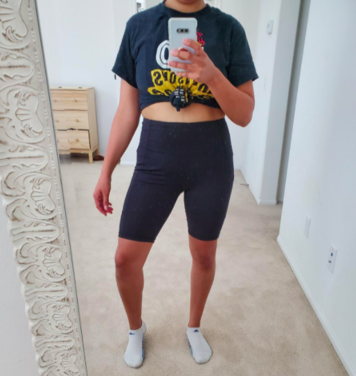 A customer review image showing them in the biker shorts, showcasing their look.