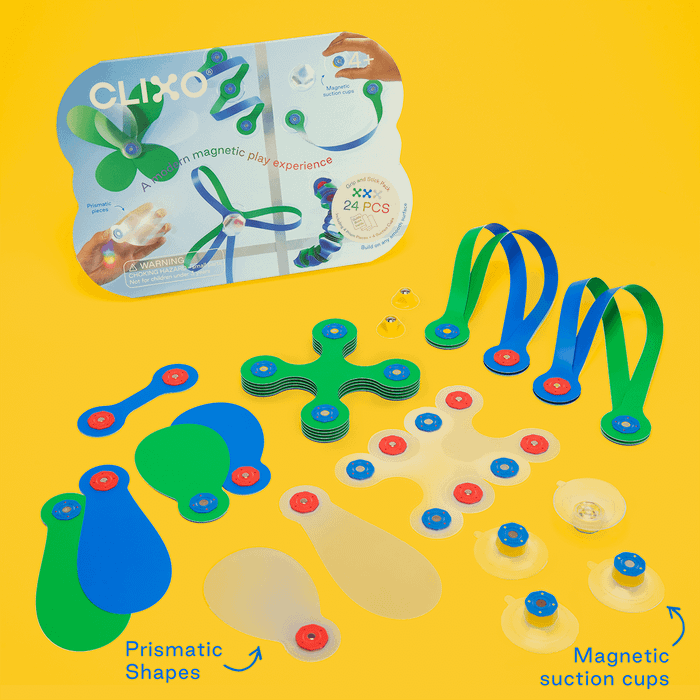 A colorful collection of Clixo shape and suction cup toys