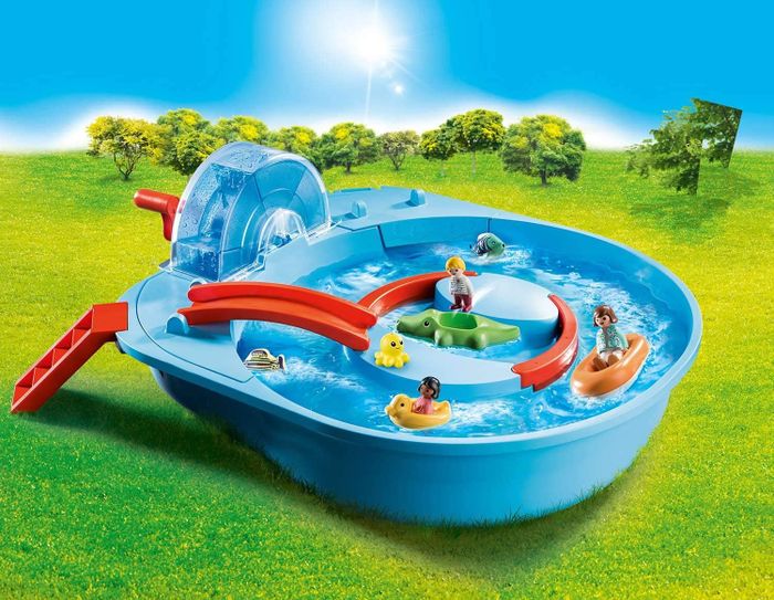 A blue and red plastic Playmobil water toy