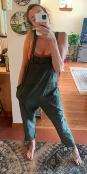 A customer-uploaded image of them in the army green overalls