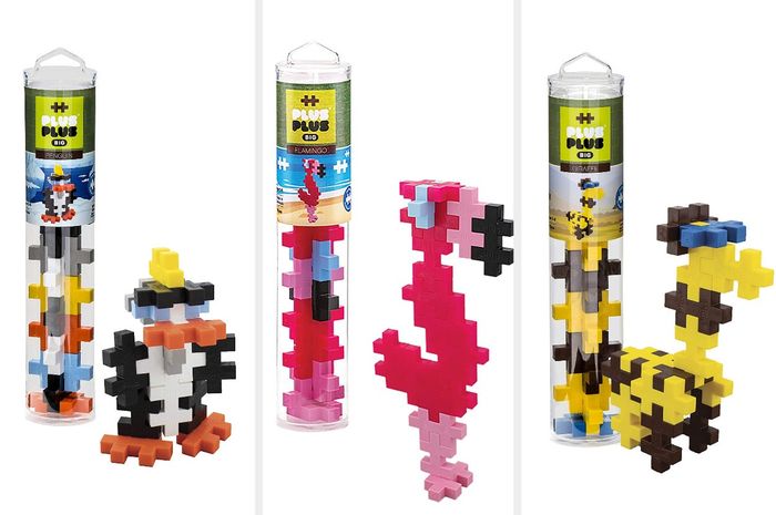 A triptych image displaying PlusPlus sets for a penguin, flamingo, and giraffe, highlighting the creative possibilities.